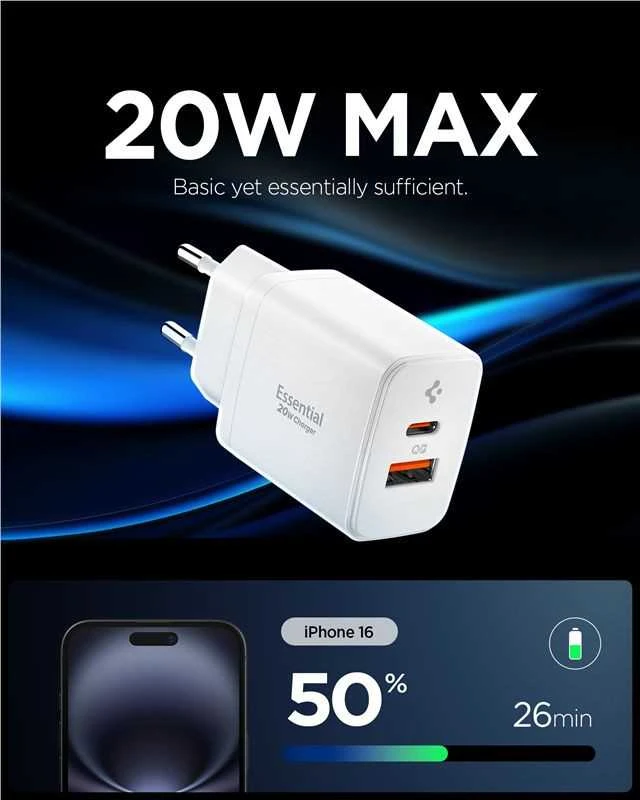 Įkroviklis Spigen Essential 20W Wall Charger EE202EU, baltas