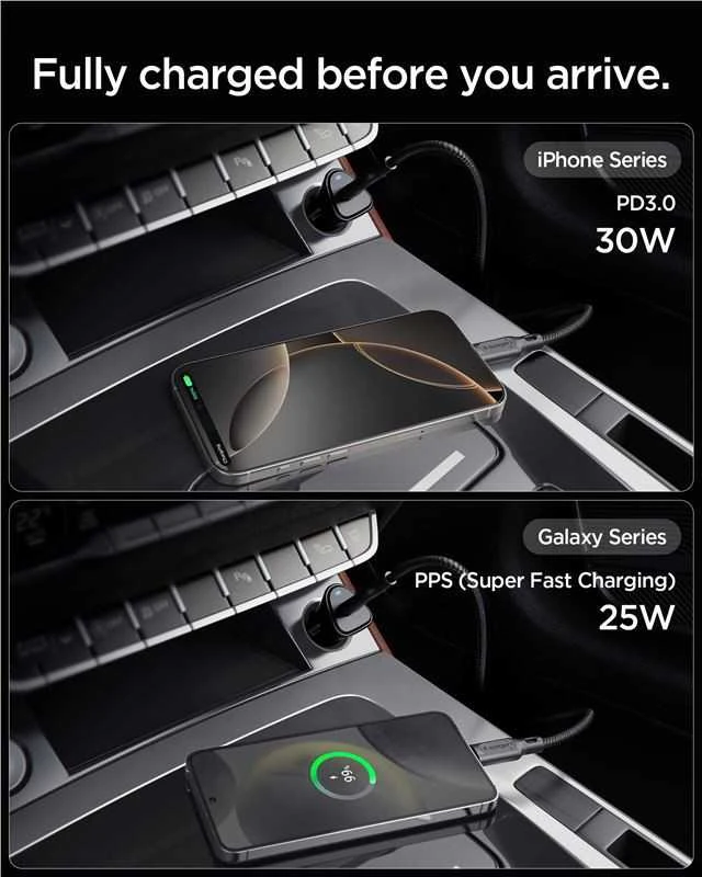 Juodas 30W 1xUSB-C automobilinis įkroviklis „Spigen Essential EV301”