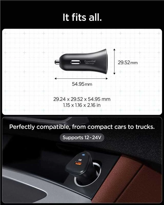 Juodas 30W 1xUSB-C automobilinis įkroviklis „Spigen Essential EV301”