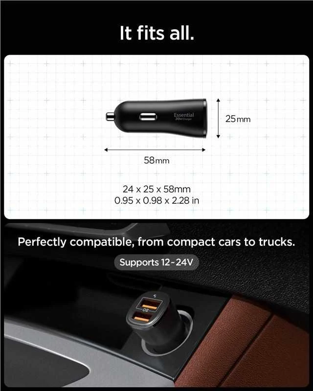 Juodas 30W 2xUSB-A automobilinis įkroviklis „Spigen Essential EV302”
