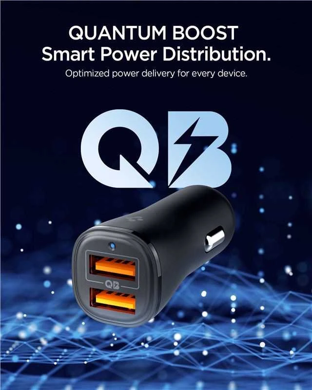 Juodas 30W 2xUSB-A automobilinis įkroviklis „Spigen Essential EV302”
