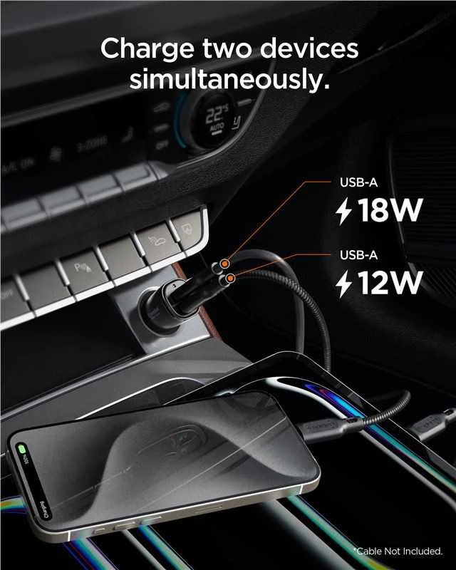 Juodas 30W 2xUSB-A automobilinis įkroviklis „Spigen Essential EV302”