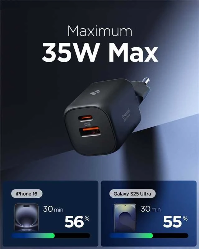 Įkroviklis Spigen Essential 35W Wall Charger EE352EU, juodas
