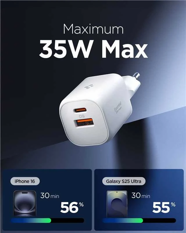 Įkroviklis Spigen Essential 35W Wall Charger EE352EU, baltas