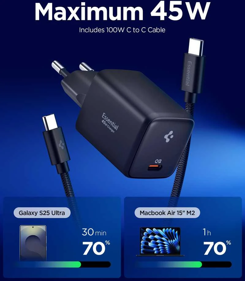 Spigen EE451EU Essential USB-C 45W Wall Charger - Juodas