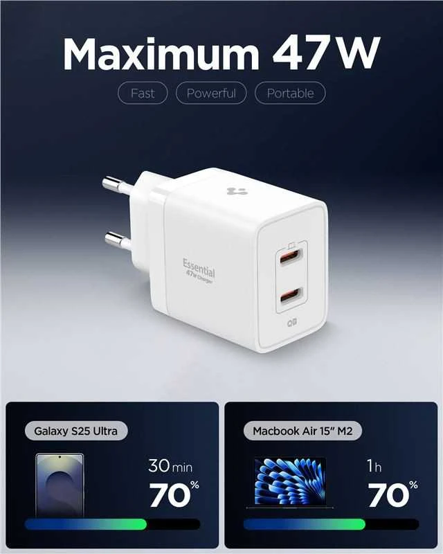 Įkroviklis Spigen Essential 47W Wall Charger EE472EU, baltas