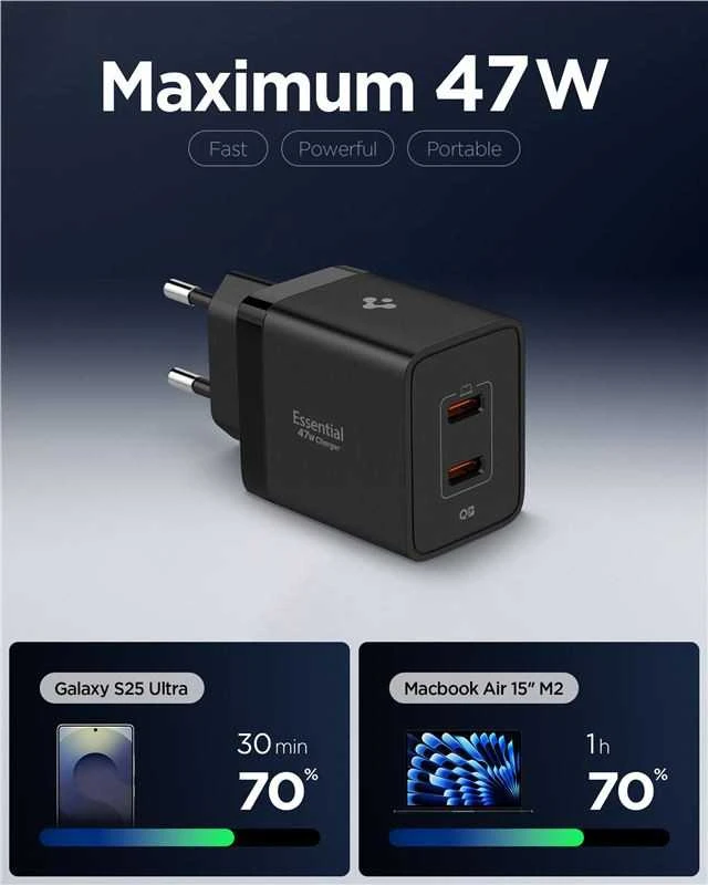 Įkroviklis Spigen Essential 47W Wall Charger EE472EU, juodas