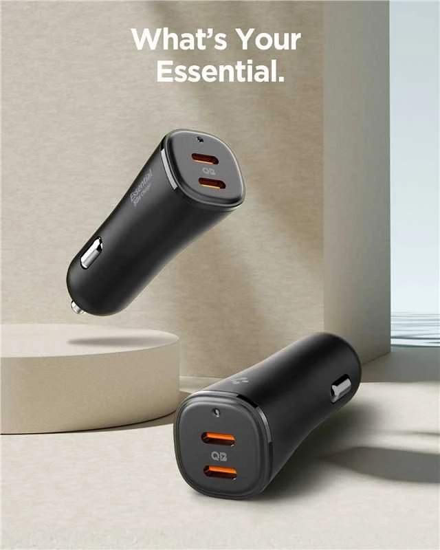 „Spigen ArcStation Essential EV502“ automobilinis įkroviklis, 2x USB-C, PD + QC3.0, 50W (juodas)