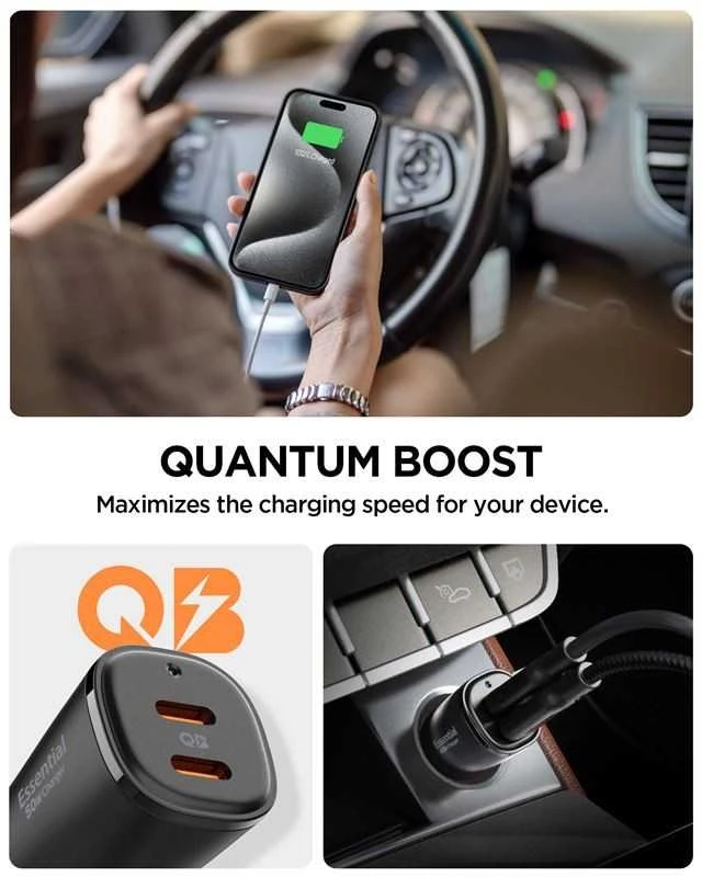 „Spigen ArcStation Essential EV502“ automobilinis įkroviklis, 2x USB-C, PD + QC3.0, 50W (juodas)
