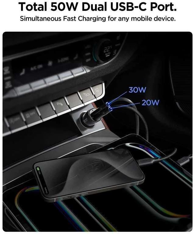 „Spigen ArcStation Essential EV502“ automobilinis įkroviklis, 2x USB-C, PD + QC3.0, 50W (juodas)