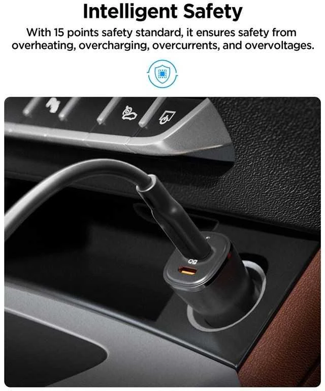 „Spigen ArcStation Essential EV502“ automobilinis įkroviklis, 2x USB-C, PD + QC3.0, 50W (juodas)