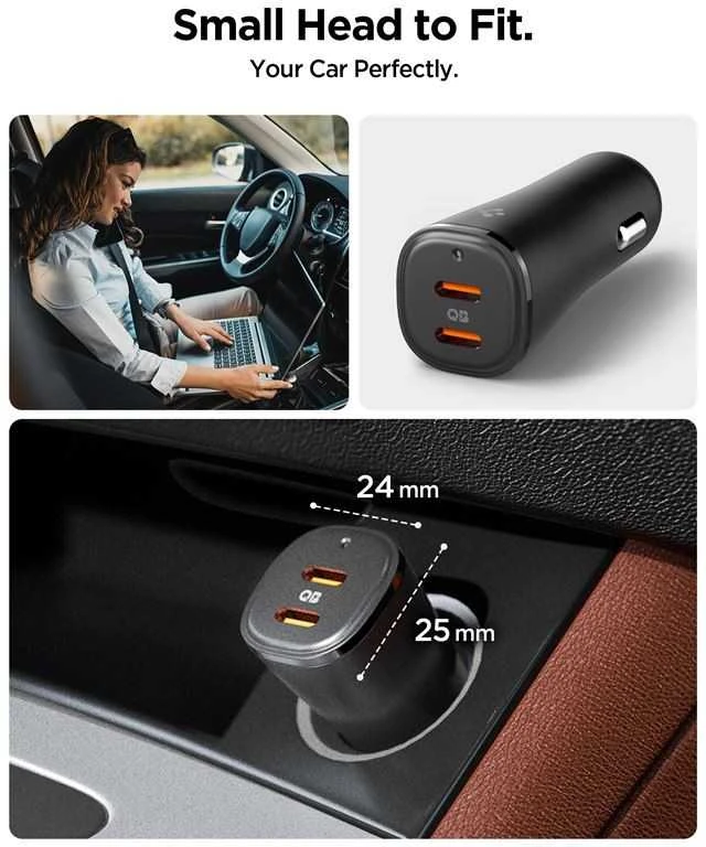 „Spigen ArcStation Essential EV502“ automobilinis įkroviklis, 2x USB-C, PD + QC3.0, 50W (juodas)