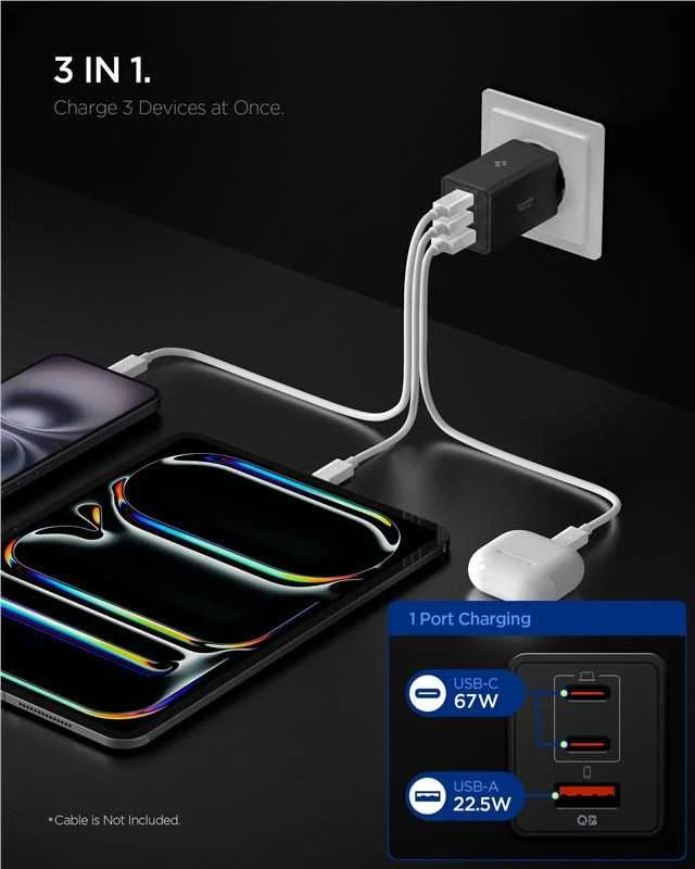 Įkroviklis Spigen Essential 67W Wall Charger EE673EU, juodas