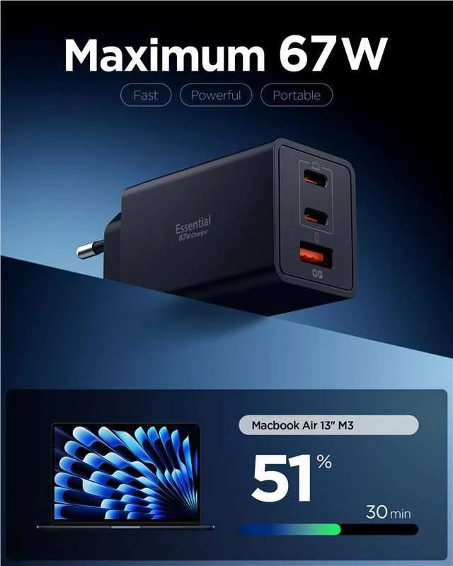 Įkroviklis Spigen Essential 67W Wall Charger EE673EU, juodas