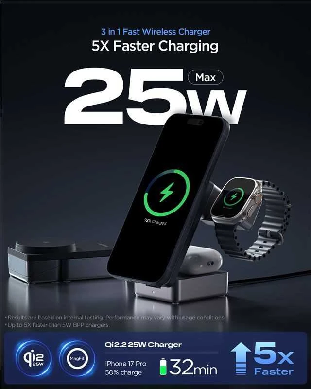 Įkroviklis Spigen Essential MagSafe 3-in-1 Wireless Charger EF323MQ, juodas