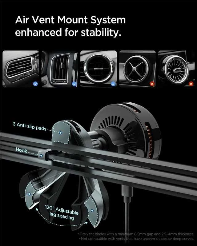 Automobilinis laikiklis Spigen Essential MagSafe Peltier Wireless Car Charger EV25MFAQ, juodas - Air vent
