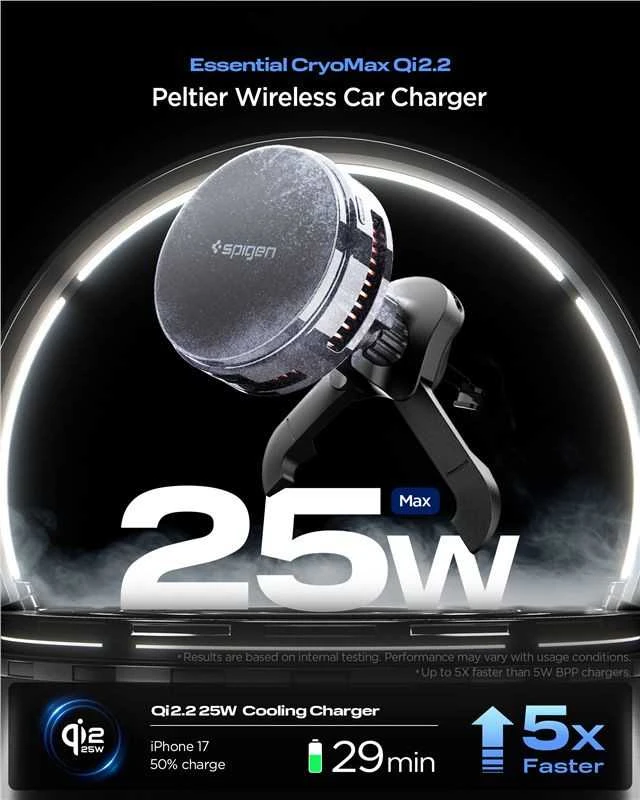 Automobilinis laikiklis Spigen Essential MagSafe Peltier Wireless Car Charger EV25MFAQ, juodas - Air vent