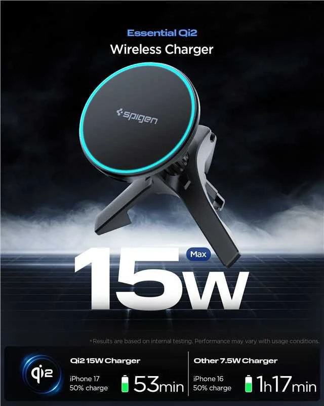 Automobilinis laikiklis Spigen Essential MagSafe Wireless Car Charger EV15MAQ, juodas - Air vent