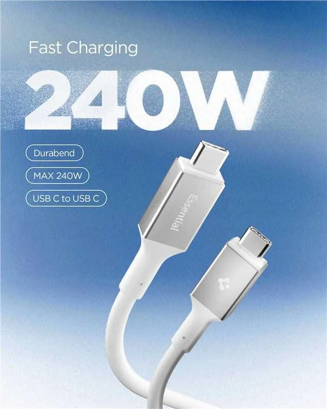 Spigen „Essential“ USB C–USB C 240 W laidas, baltas EB24012CC