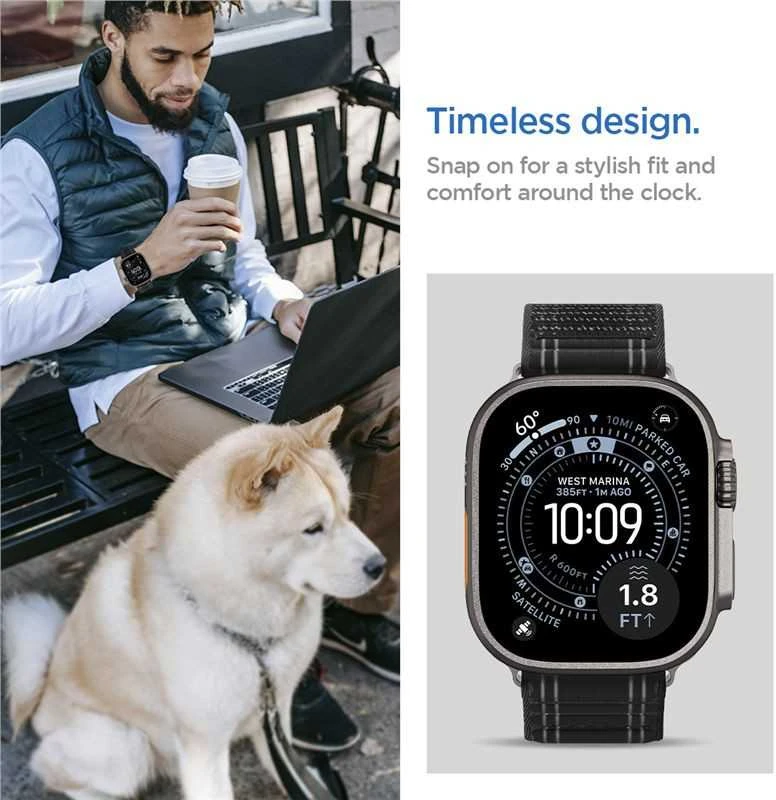 „Spigen Fabric Band“ apyrankė (su lipduku ir kilpa), juoda - Apple Watch 49mm/46mm/45mm/44mm