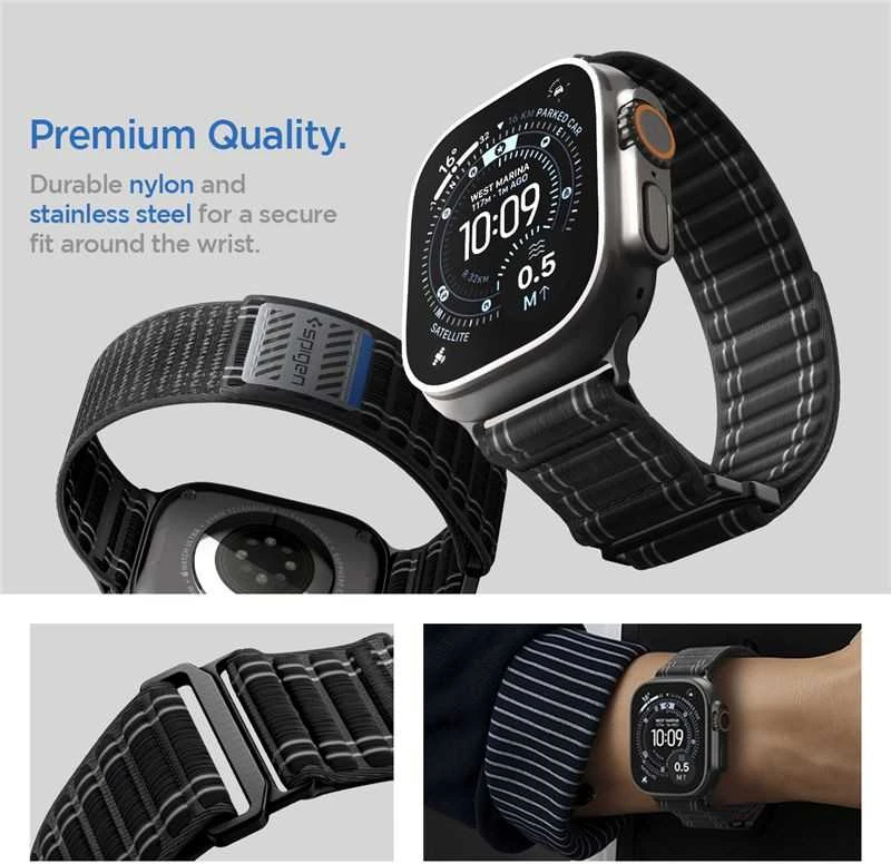 „Spigen Fabric Band“ apyrankė (su lipduku ir kilpa), juoda - Apple Watch 49mm/46mm/45mm/44mm