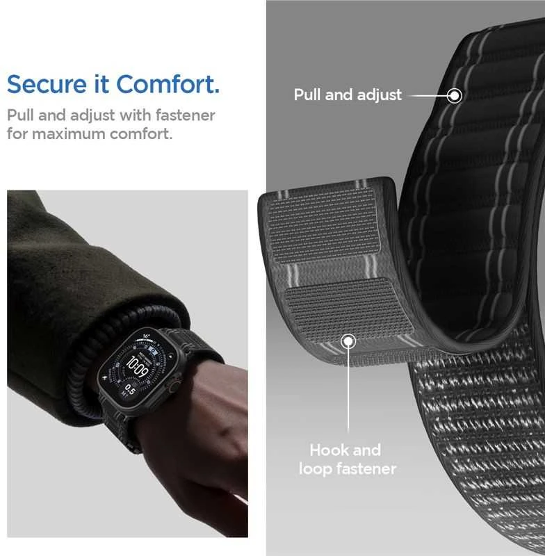 „Spigen Fabric Band“ apyrankė (su lipduku ir kilpa), juoda - Apple Watch 49mm/46mm/45mm/44mm