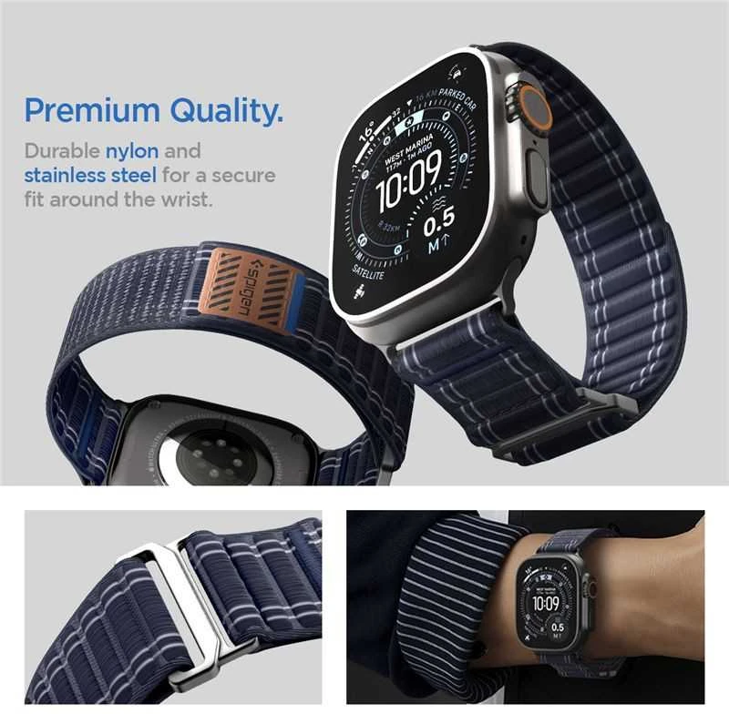 „Spigen Fabric Band“ apyrankė su lipdukais ir kilpelėmis, tamsiai mėlyna - „Apple Watch 49mm/46mm/45mm/44mm“
