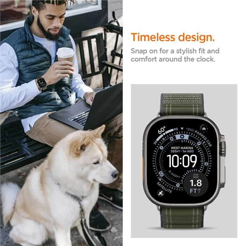 „Spigen Fabric Band“ (su lipduku ir kilpa), žalias - Apple Watch 49mm/46mm/45mm/44mm
