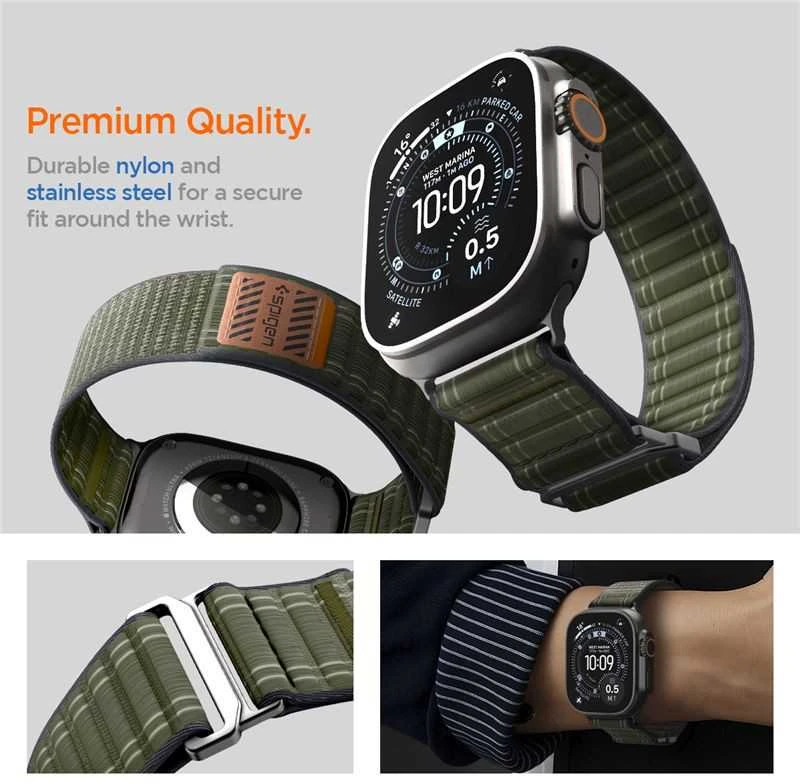 „Spigen Fabric Band“ (su lipduku ir kilpa), žalias - Apple Watch 49mm/46mm/45mm/44mm