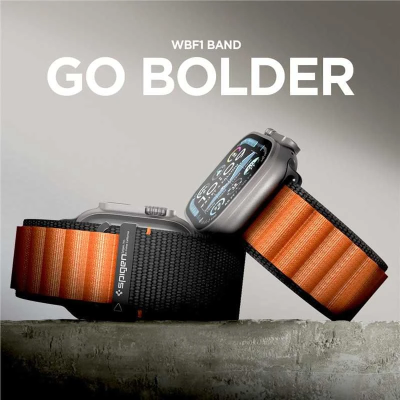 Spigen WBF1 Strap for Apple Watch 44 / 45 / 46 / 49 mm – juodos spalvos ir oranžinės spalvos
