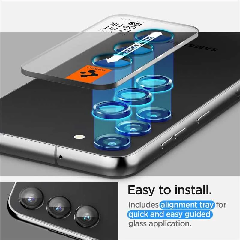 „Spigen Optik Pro GLAS.TR EZ Fit“ fotoaparato apsauginis stikliukas, 2 vnt., skirtas „Samsung Galaxy S23 / 23+“ (juodas)