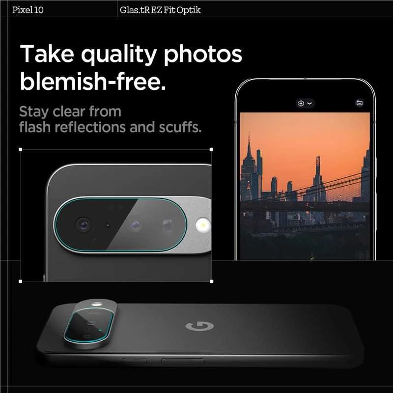 „Spigen Optik Glas.tR“ kameros apsauginiai dėklai, 2 vnt. pakuotėje, skirti „Google Pixel 10“ telefonui, skaidrūs.