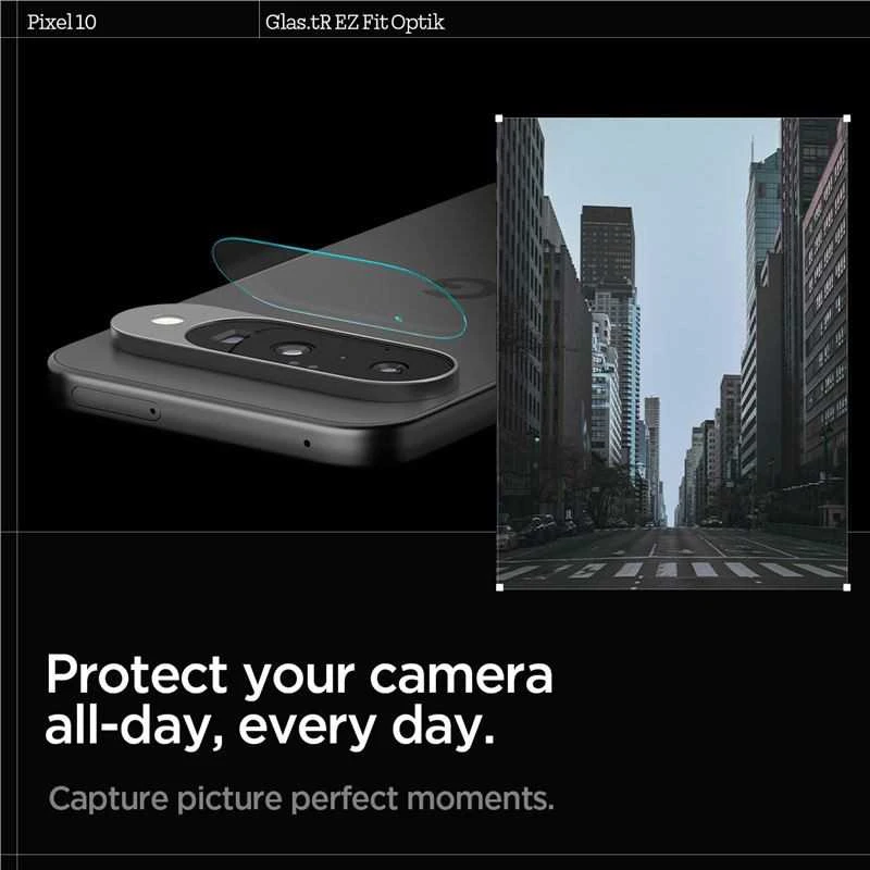 „Spigen Optik Glas.tR“ kameros apsauginiai dėklai, 2 vnt. pakuotėje, skirti „Google Pixel 10“ telefonui, skaidrūs.