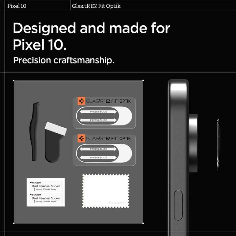 „Spigen Optik Glas.tR“ kameros apsauginiai dėklai, 2 vnt. pakuotėje, skirti „Google Pixel 10“ telefonui, skaidrūs.