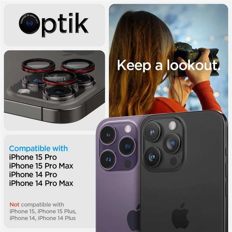 Apsauginis stiklas kamerai Apple iPhone 14 Pro / 14 Pro Max / 15 Pro / 15 Pro Max / 16 Pro / 16 Pro Max / 17 Pro / 17 Pro Max Spigen Optik Pro L-Series Glas.tr „EZ FIT” kameros apsauga 2 vnt. juodas