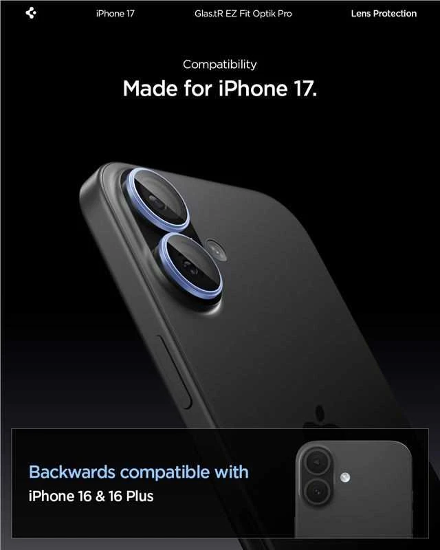„Spigen Optik Pro GLAS.TR EZ FIT“ kameros dėklai, 2 vnt. pakuotė, skirti „iPhone 16 / 16 Plus / 17“ - Mėlyna