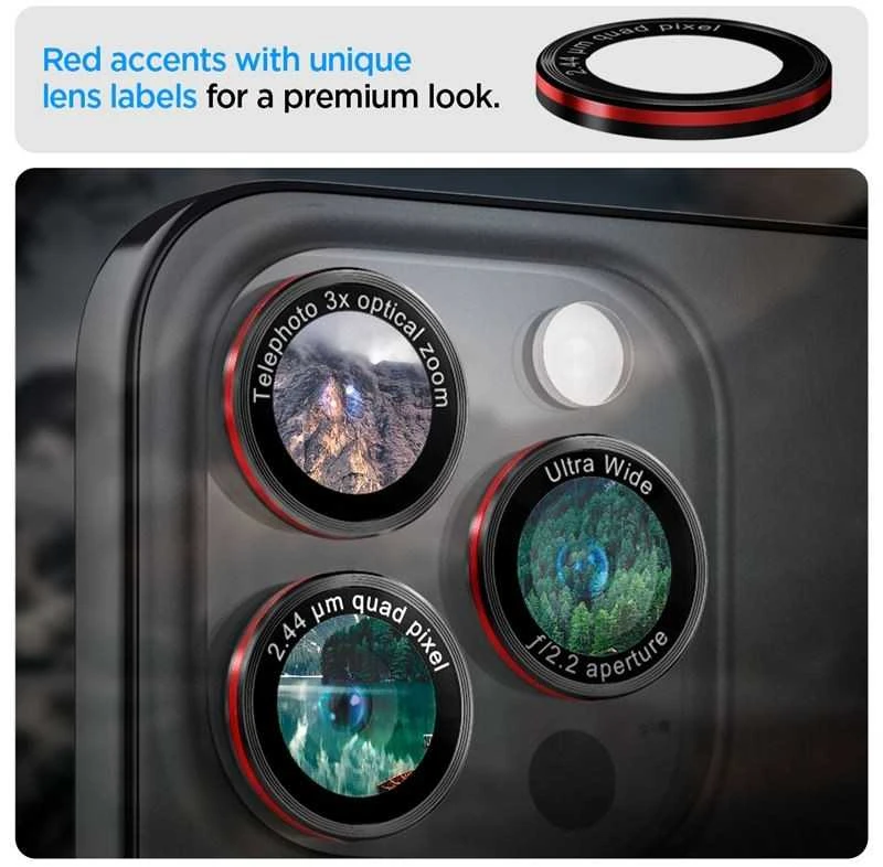Apsauginis stiklas kamerai Apple iPhone 14 Pro / 14 Pro Max / 15 Pro / 15 Pro Max / 16 Pro / 16 Pro Max / 17 Pro / 17 Pro Max Spigen Optik Pro L-Series Glas.tr „EZ FIT” kameros apsauga 2 vnt. juodas