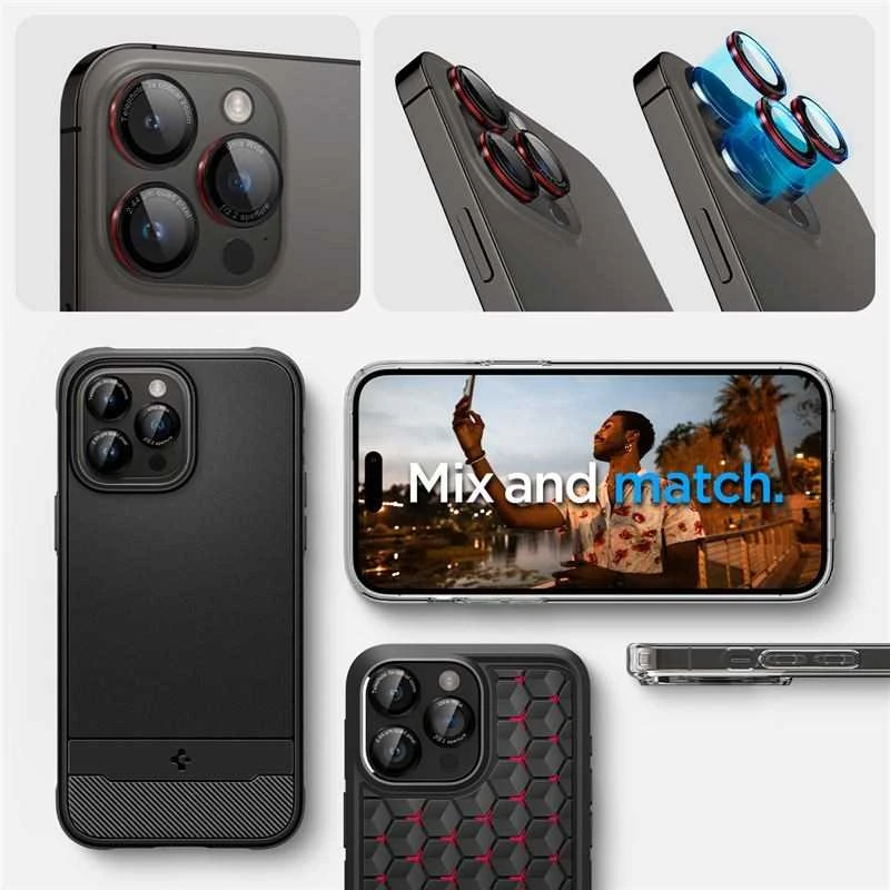 Apsauginis stiklas kamerai Apple iPhone 14 Pro / 14 Pro Max / 15 Pro / 15 Pro Max / 16 Pro / 16 Pro Max / 17 Pro / 17 Pro Max Spigen Optik Pro L-Series Glas.tr „EZ FIT” kameros apsauga 2 vnt. juodas