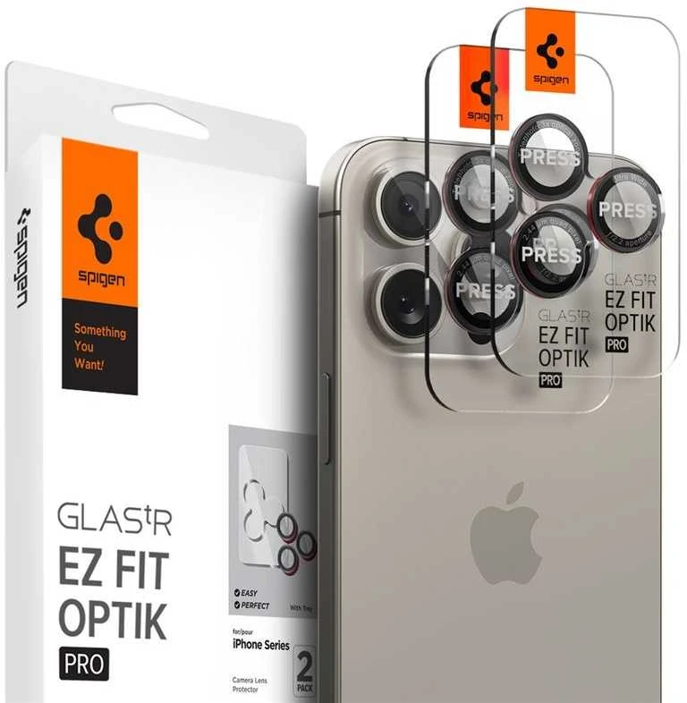Apsauginis stiklas kamerai Apple iPhone 14 Pro / 14 Pro Max / 15 Pro / 15 Pro Max / 16 Pro / 16 Pro Max / 17 Pro / 17 Pro Max Spigen Optik Pro L-Series Glas.tr „EZ FIT” kameros apsauga 2 vnt. juodas