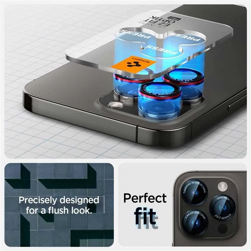 Apsauginis stiklas kamerai Apple iPhone 14 Pro / 14 Pro Max / 15 Pro / 15 Pro Max / 16 Pro / 16 Pro Max / 17 Pro / 17 Pro Max Spigen Optik Pro L-Series Glas.tr „EZ FIT” kameros apsauga 2 vnt. juodas