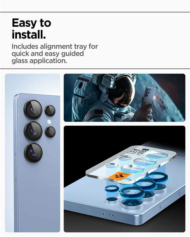„Spigen Optik Pro HD Glas.TR“ „EZ FIT“ kameros apsauga, skirta „Samsung Galaxy S25 Ultra“ telefonui.