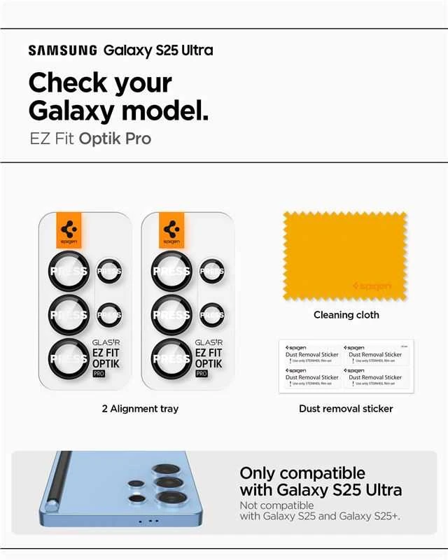 „Spigen Optik Pro HD Glas.TR“ „EZ FIT“ kameros apsauga, skirta „Samsung Galaxy S25 Ultra“ telefonui.
