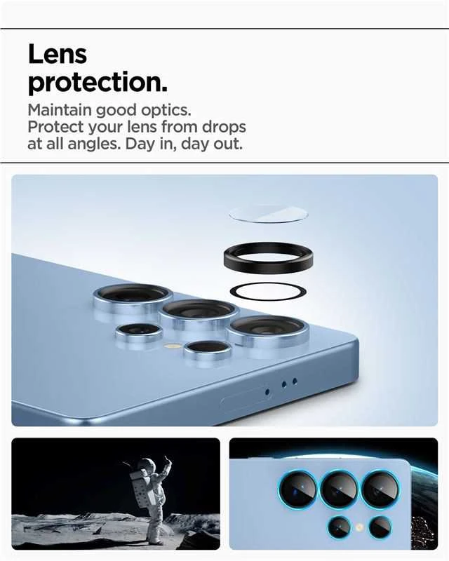 „Spigen Optik Pro HD Glas.TR“ „EZ FIT“ kameros apsauga, skirta „Samsung Galaxy S25 Ultra“ telefonui.