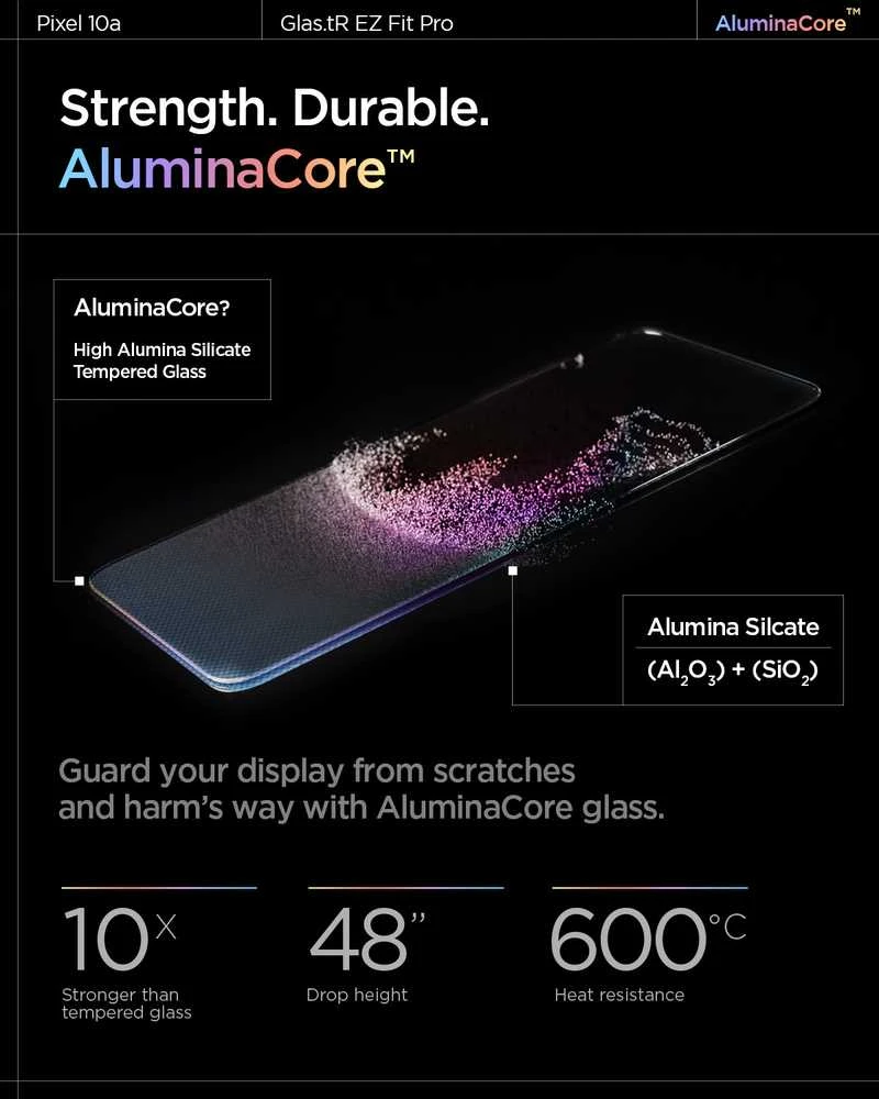 „Spigen Glas.tR EZ Fit Pro 2“ grūdinto stiklo ekrano apsauga, skirta „Google Pixel 10A“.