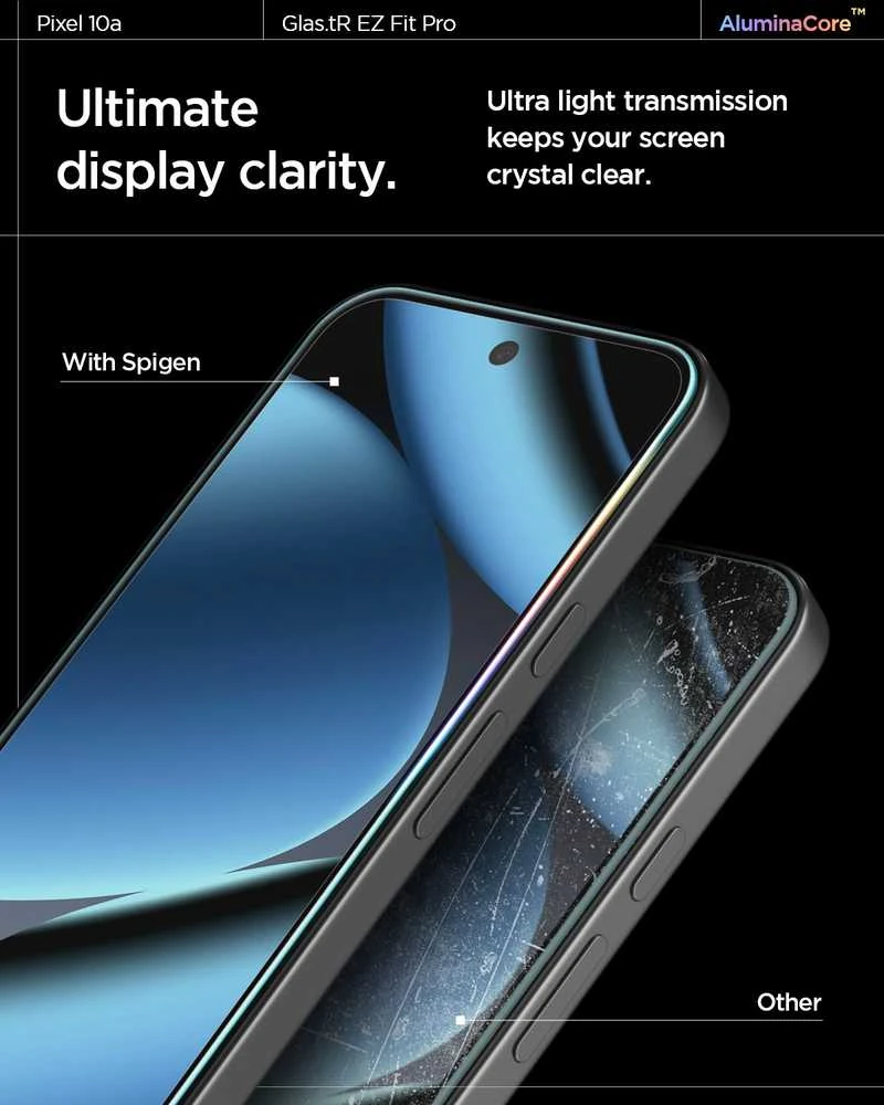 „Spigen Glas.tR EZ Fit Pro 2“ grūdinto stiklo ekrano apsauga, skirta „Google Pixel 10A“.