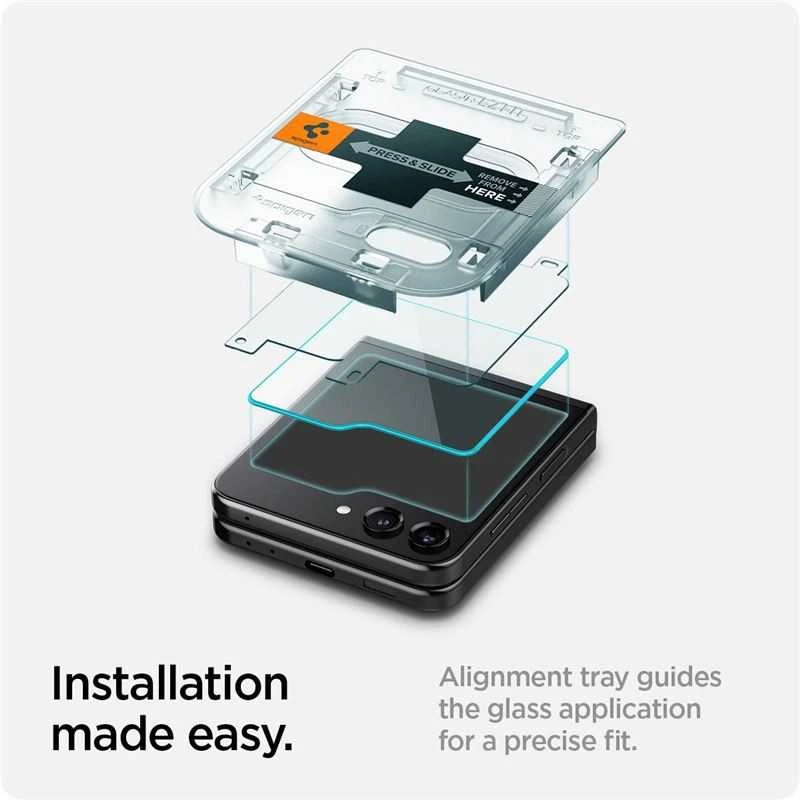 „Spigen Glass tR EZ Fit“ skaidrus dėklas, 2 vnt. pakuotėje – „Samsung Galaxy Z Flip5“.