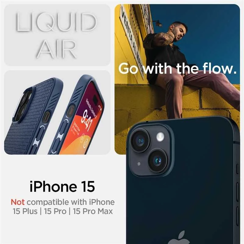 Dėklas Spigen Liquid Air, navy mėlynas – Apple iPhone 15
