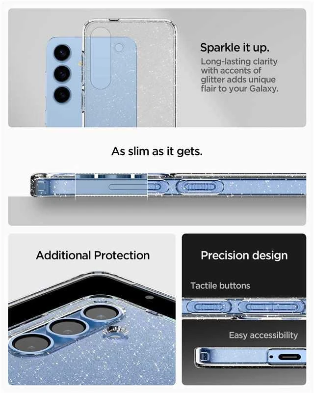 Dėklas Spigen skystųjų kristalų „Samsung Galaxy S25“ – blizgučiai skaidrūs