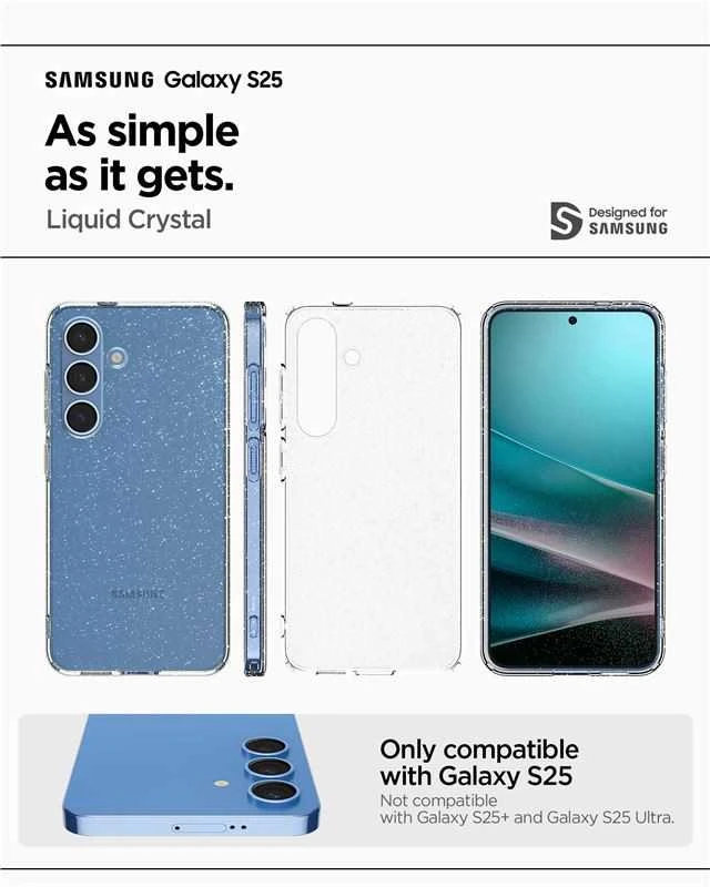 Dėklas Spigen skystųjų kristalų „Samsung Galaxy S25“ – blizgučiai skaidrūs