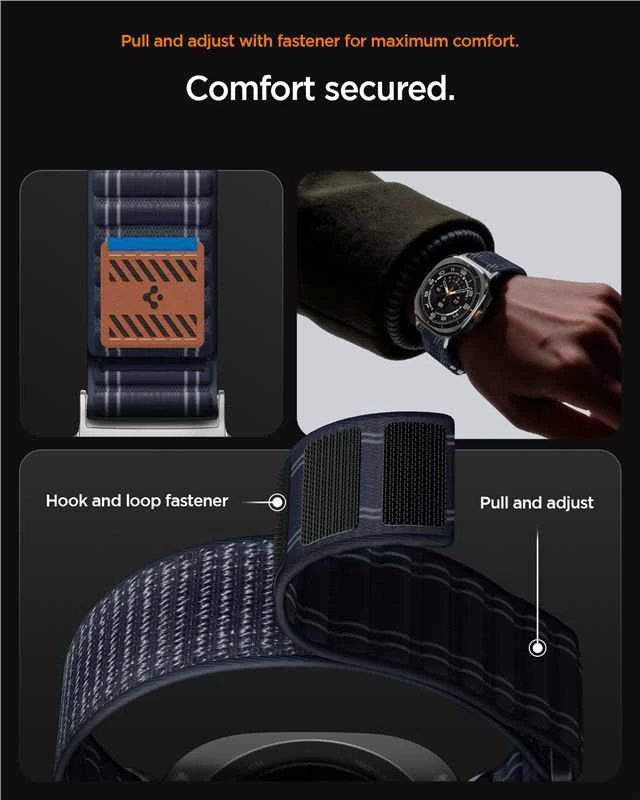 „Spigen“ medžiaginis dirželis (su lipdukais), tamsiai mėlynas – „Samsung Galaxy Watch Ultra 47mm“